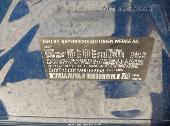 5UXTY5C01M9G65958 2021 BMW X3 Blue Вид підкапотного простору