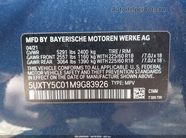 5UXTY5C01M9G83926 2021 BMW X3 Blue Շարժիչի բաժամունքի տեսք