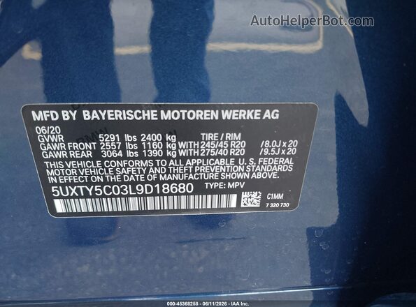 5UXTY5C03L9D18680 2020 BMW X3 Blue Вид підкапотного простору