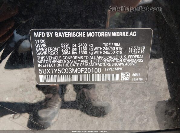 5UXTY5C03M9F20100 2021 BMW X3 Black 