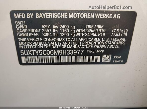 5UXTY5C06M9H33977 2021 BMW X3 Белый Вид подкапотного пространства