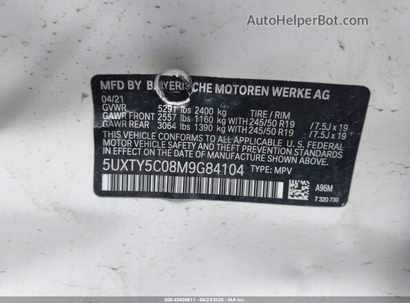 5UXTY5C08M9G84104 2021 BMW X3 White Շարժիչի բաժամունքի տեսք
