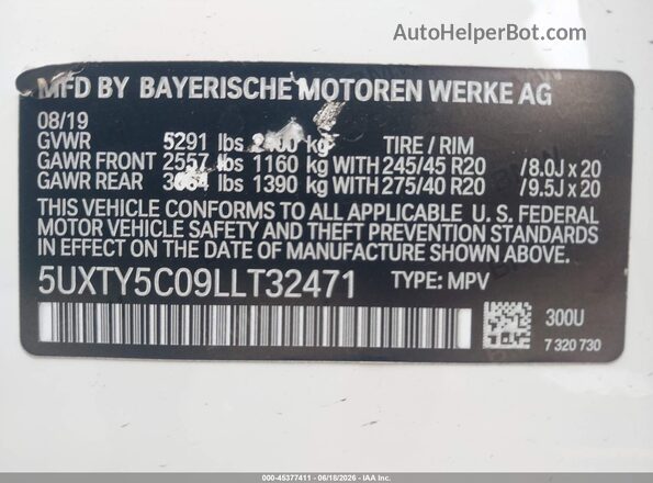 5UXTY5C09LLT32471 2020 BMW X3 White Շարժիչի բաժամունքի տեսք