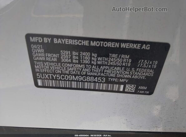 5UXTY5C09M9G88453 2021 BMW X3 White Вид підкапотного простору