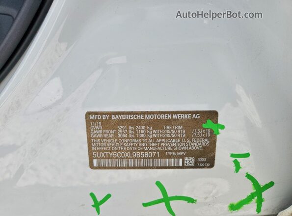 5UXTY5C0XL9B58071 2020 BMW X3 White VIN sticker view
