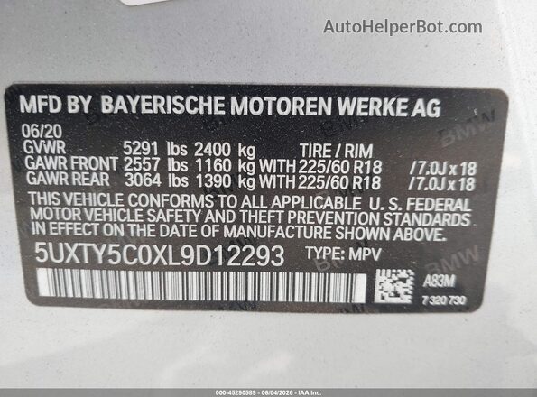5UXTY5C0XL9D12293 2020 BMW X3 Silver 