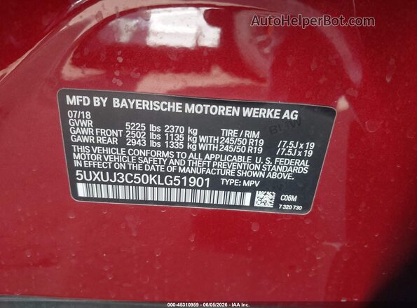 5UXUJ3C50KLG51901 2019 BMW X4 Red Engine compartment view