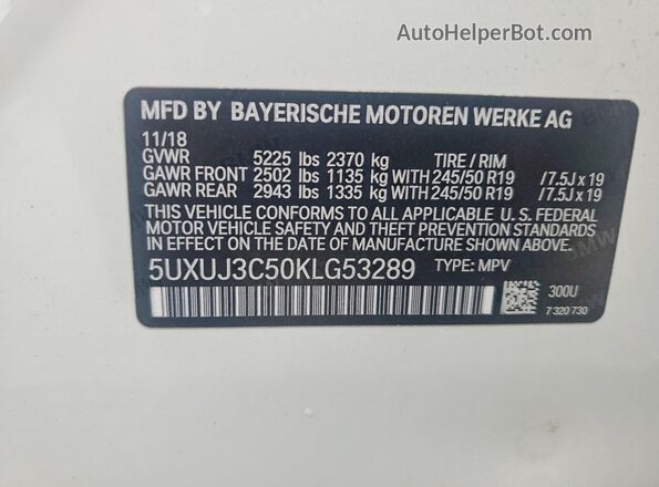 5UXUJ3C50KLG53289 2019 BMW X4 White 