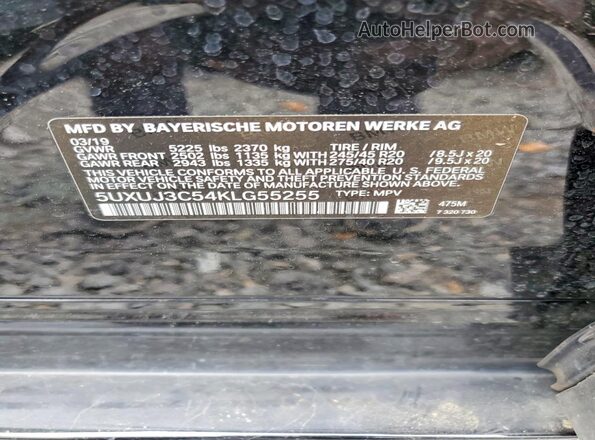 5UXUJ3C54KLG55255 2019 BMW X4 Black VIN sticker view