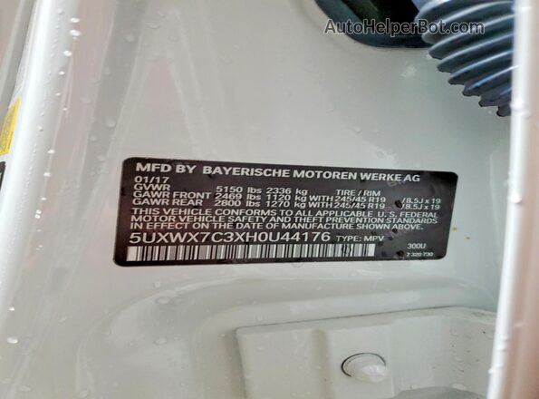 5UXWX7C3XH0U44176 2017 BMW X3 White VIN sticker view