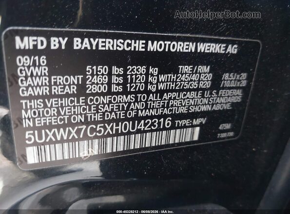 5UXWX7C5XH0U42316 2017 BMW X3 Black ძრავის განყოფილების ხედი