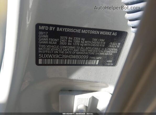 5UXWX9C39H0W80099 2017 BMW X3 White 