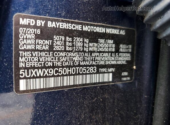 5UXWX9C50H0T05283 2017 BMW X3 Синий Вид наклейки с VIN-кодом