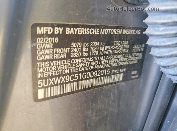 5UXWX9C51G0D92015 2016 BMW X3 Серый Вид наклейки с VIN-кодом