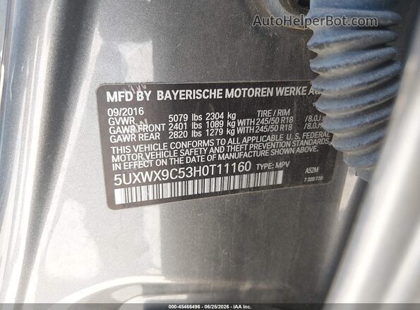 5UXWX9C53H0T11160 2017 BMW X3 Gray Вид підкапотного простору