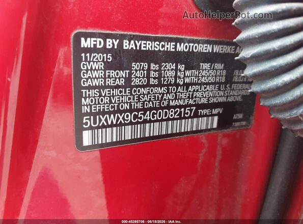 5UXWX9C54G0D82157 2016 BMW X3 Red Vista del compartimento del motor