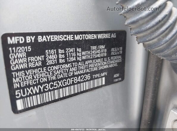 5UXWY3C5XG0F84236 2016 BMW X3 Серебряный Вид подкапотного пространства