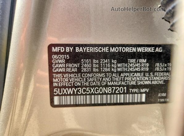 5UXWY3C5XG0N87201 2016 BMW X3 Silver Vista de la etiqueta del VIN