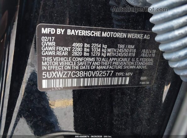 5UXWZ7C38H0V92577 2017 BMW X3 Black Engine compartment view