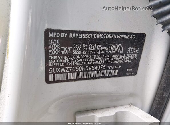 5UXWZ7C50H0V84975 2017 BMW X3 White Вид підкапотного простору