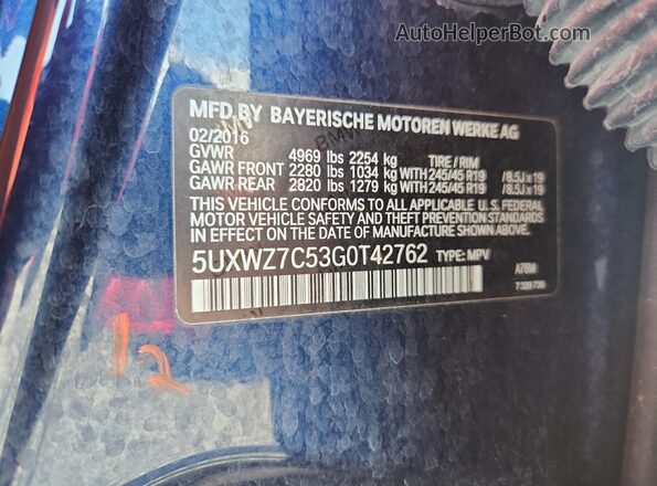 5UXWZ7C53G0T42762 2016 BMW X3 Blue VIN կոդի պիտակի տեսք