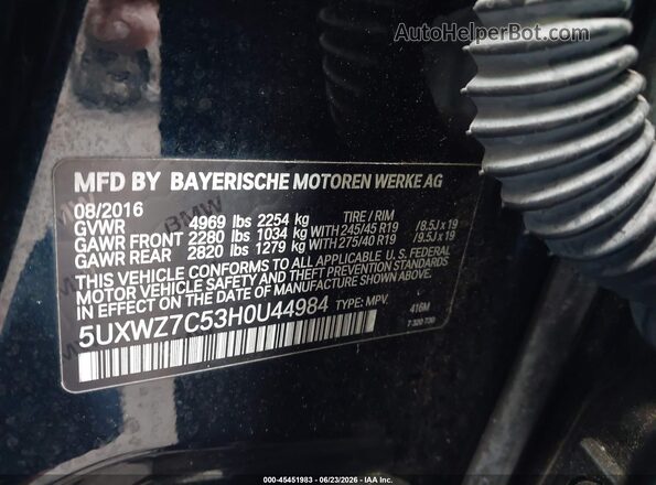5UXWZ7C53H0U44984 2017 BMW X3 Черный Вид подкапотного пространства
