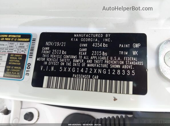 5XXG14J2XNG128335 2022 KIA K5 Белый Вид подкапотного пространства