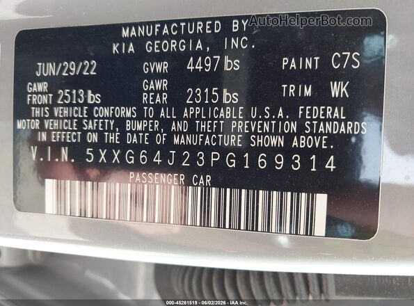 5XXG64J23PG169314 2023 KIA K5 Gray Vista del compartimento del motor