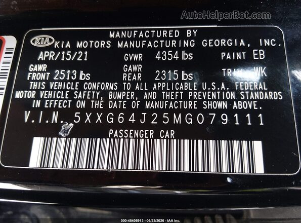 5XXG64J25MG079111 2021 KIA K5 Black Շարժիչի բաժամունքի տեսք