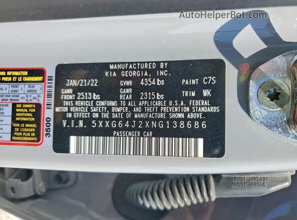 5XXG64J2XNG138686 2022 KIA K5 Gray VIN კოდის სტიკერის ხედი