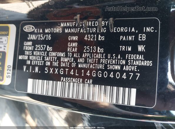 5XXGT4L14GG040477 2016 KIA OPTIMA Black Vista del compartimento del motor