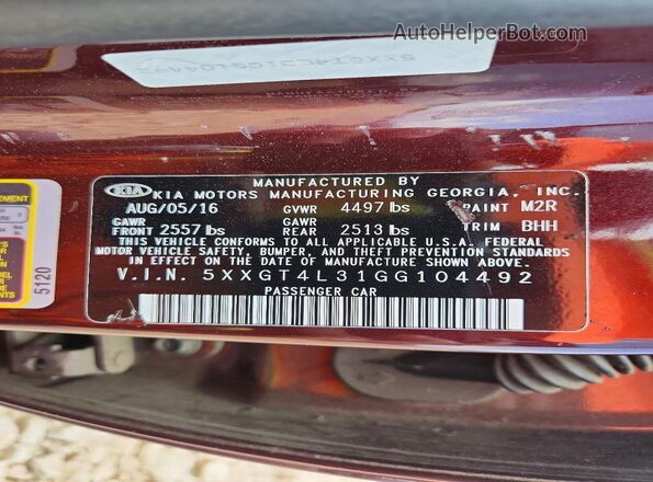 5XXGT4L31GG104492 2016 KIA OPTIMA Maroon Widok komory silnika