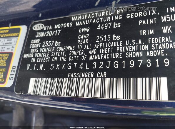 5XXGT4L32JG197319 2018 KIA OPTIMA Blue ძრავის განყოფილების ხედი
