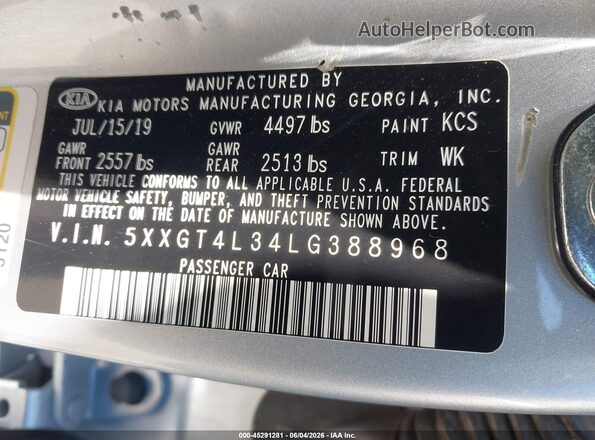 5XXGT4L34LG388968 2020 KIA OPTIMA Silver 