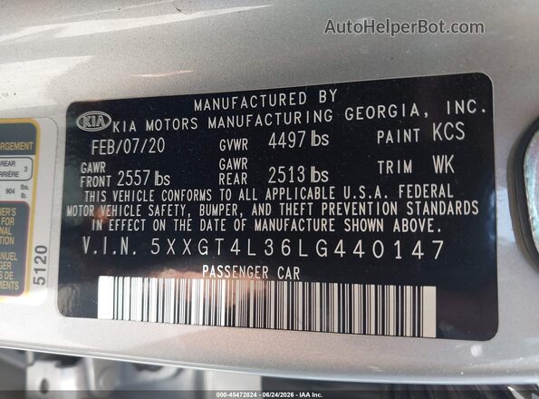 5XXGT4L36LG440147 2020 KIA OPTIMA Silver Widok komory silnika