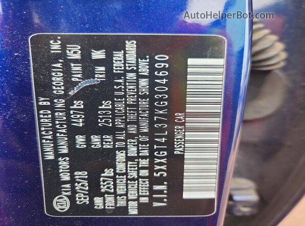 5XXGT4L37KG304690 2019 KIA OPTIMA Blue Vista de la etiqueta del VIN