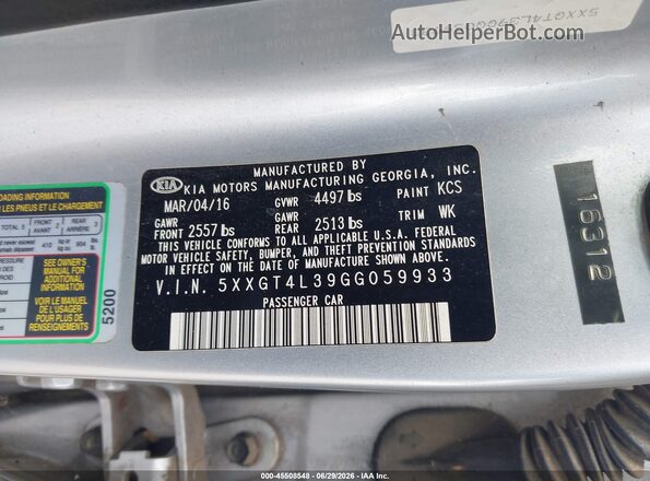 5XXGT4L39GG059933 2016 KIA OPTIMA Silver ძრავის განყოფილების ხედი