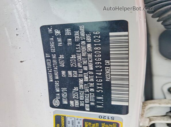 5XXGT4L39GG081026 2016 KIA OPTIMA White Engine compartment view