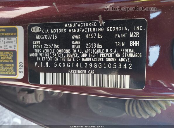 5XXGT4L39GG105342 2016 KIA OPTIMA Red Widok komory silnika