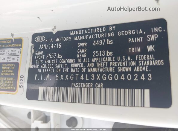 5XXGT4L3XGG040243 2016 KIA OPTIMA White ძრავის განყოფილების ხედი