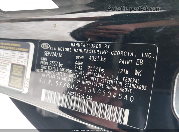 5XXGU4L15KG304540 2019 KIA OPTIMA Black Vista del compartimento del motor