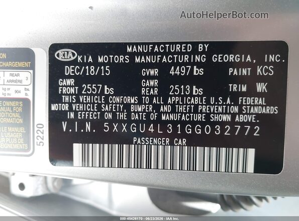 5XXGU4L31GG032772 2016 KIA OPTIMA Silver Engine compartment view