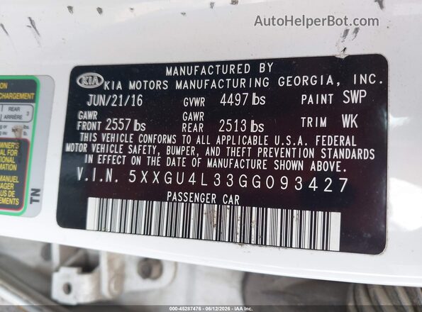 5XXGU4L33GG093427 2016 KIA OPTIMA White Вид підкапотного простору