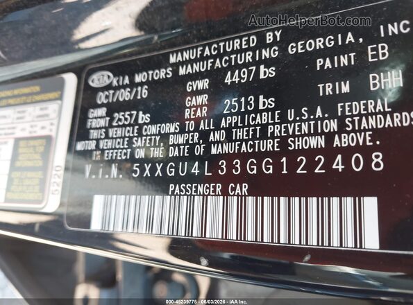 5XXGU4L33GG122408 2016 KIA OPTIMA Black Widok komory silnika