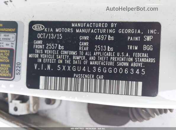 5XXGU4L36GG006345 2016 KIA OPTIMA White Engine compartment view