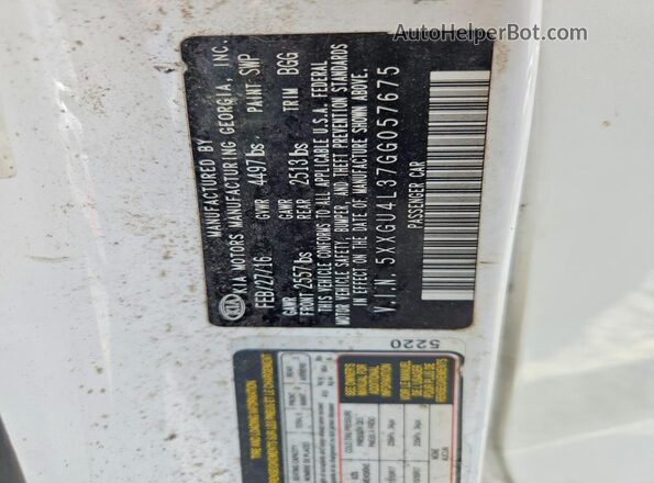 5XXGU4L37GG057675 2016 KIA OPTIMA White Engine compartment view