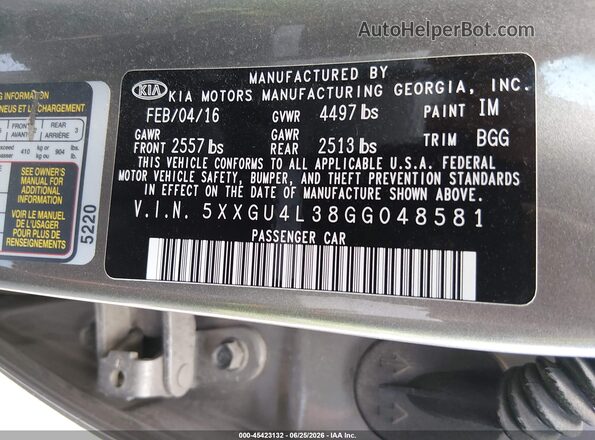 5XXGU4L38GG048581 2016 KIA OPTIMA Brown Շարժիչի բաժամունքի տեսք