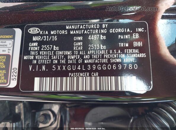 5XXGU4L39GG069780 2016 KIA OPTIMA Black 
