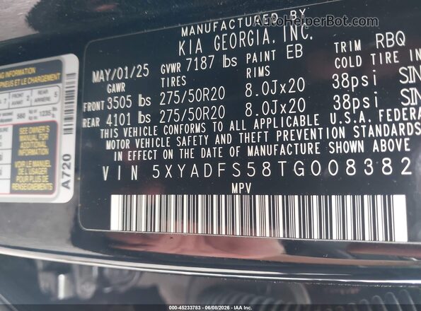 5XYADFS58TG008382 2026 KIA EV9 Black Вид підкапотного простору
