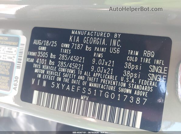 5XYAEFS51TG017387 2026 KIA EV9 Gray ძრავის განყოფილების ხედი